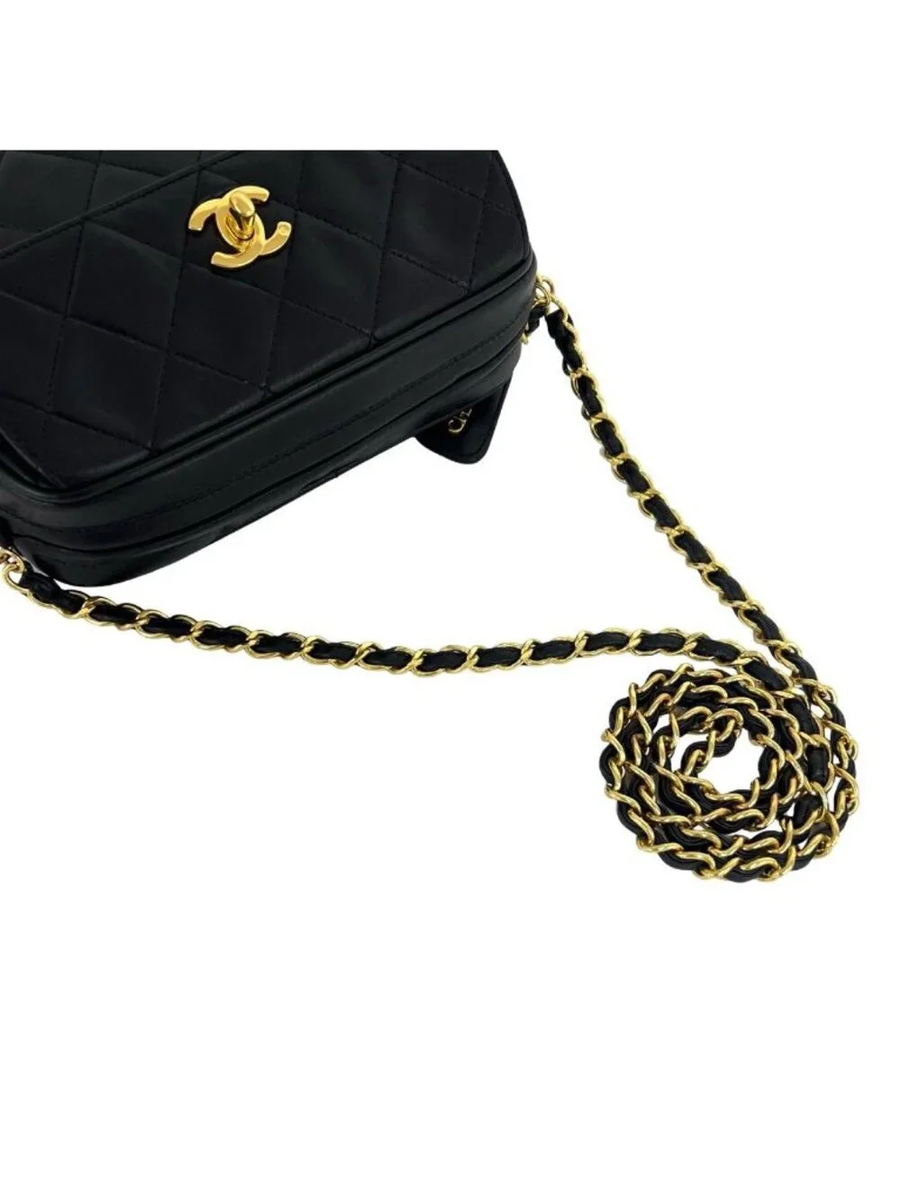 Chanel Vintage Quilted Coco Lambskin Leather Chain Shoulder Bag Black